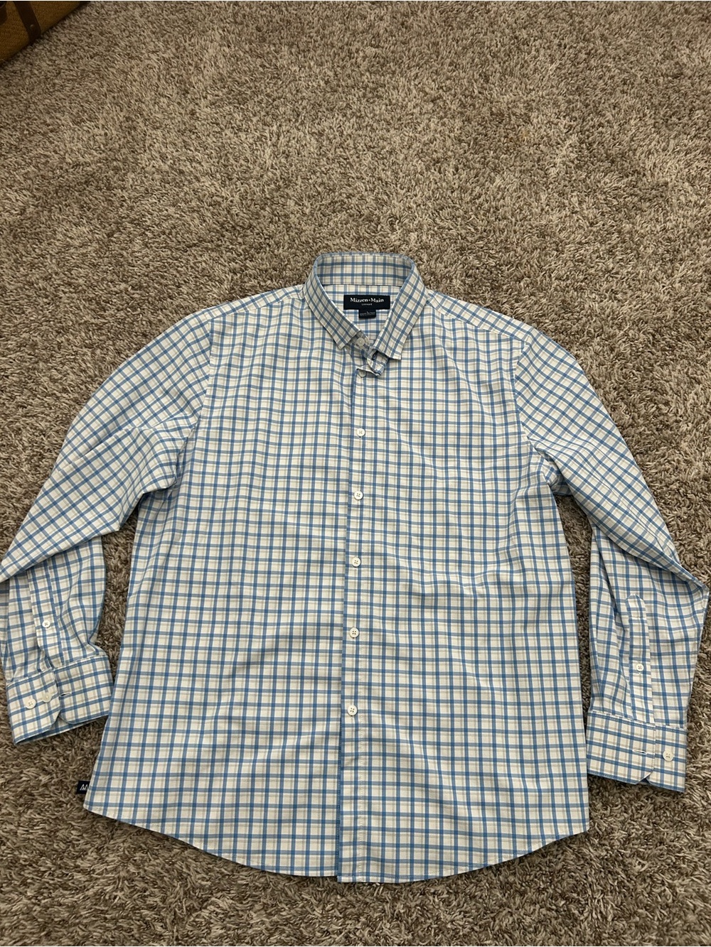 Mizzen+Main Leeward Classic No Tuck Dress Shirt Mens Large White Blue Check